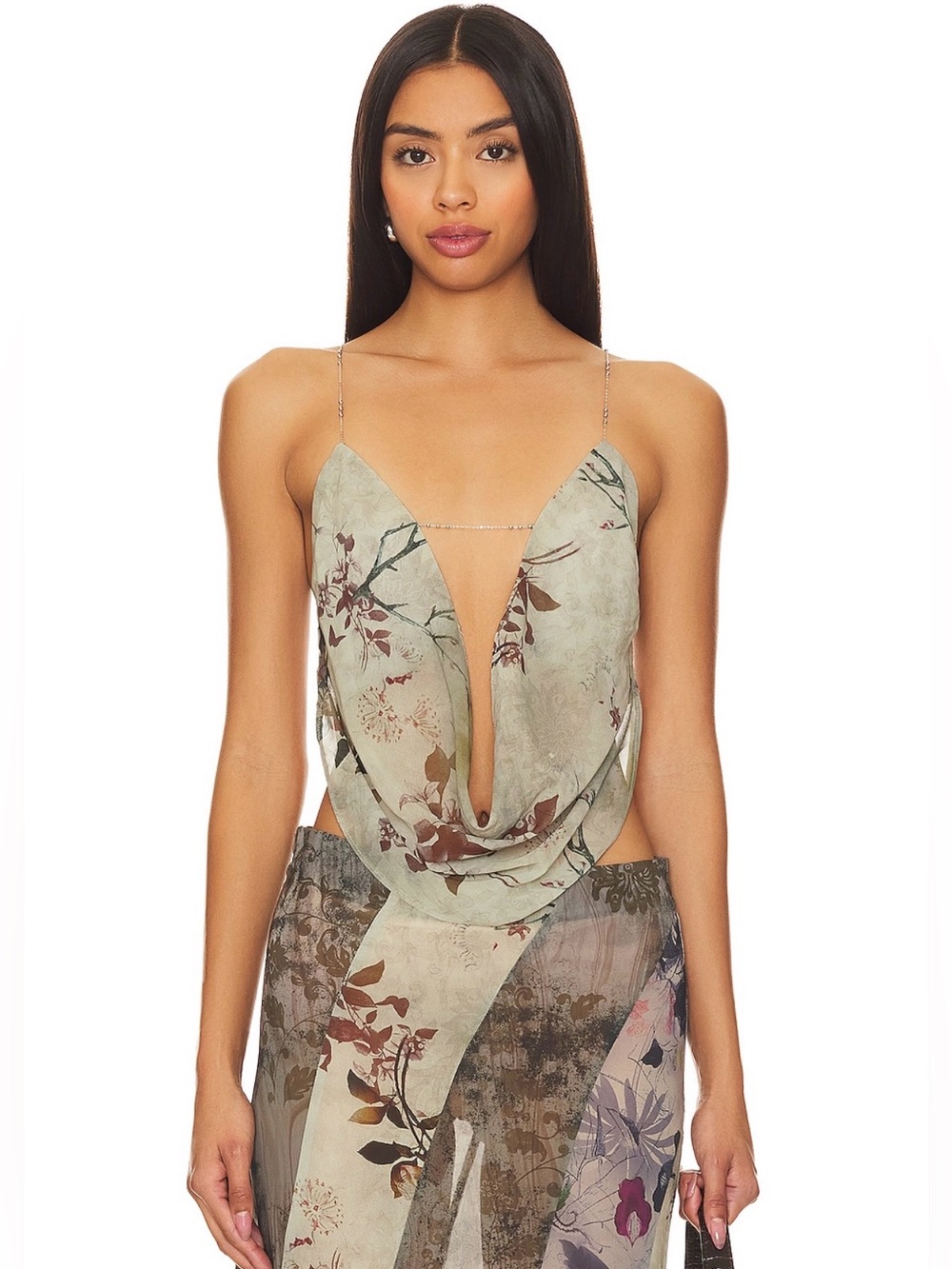 Jaded London Sage Green Floral Plunge Cowl Cami - Size 0 UK 4